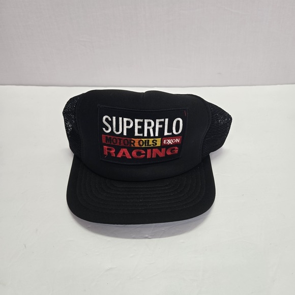 Vintage Superflo Motor Oil Racing Trucker Hat Snapback Mesh Cap Exxon Black - Picture 1 of 8